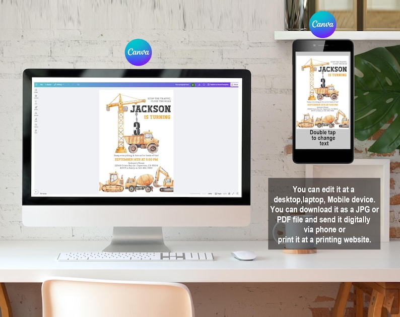 May include: A computer monitor and smartphone display a birthday invitation design. The invitation features a watercolor illustration of construction vehicles, including a crane, dump truck, and excavator. The text reads "JACKSON IS TURNING 3".