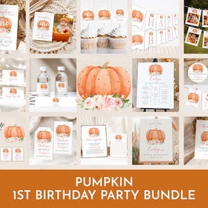 リトルパンプキンの1歳の誕生日招待状セット：編集可能な花柄テーマ（印刷可能なBir418）
