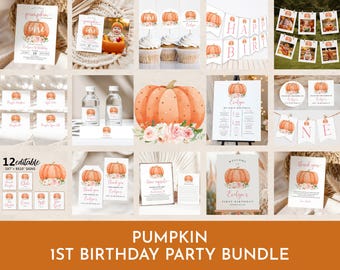 May include: A collection of party supplies with a pumpkin theme. Includes invitations, cupcake toppers, banners, and signs. The text "Pumpkin 1st Birthday Party Bundle" is displayed in orange and white.
