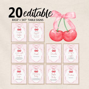 May include: A set of 20 editable 8x10 and 5x7 inch table signs featuring a pink gingham background, a decorative frame, and a watercolor cherry illustration with a pink ribbon. The signs include various text labels for event organization.