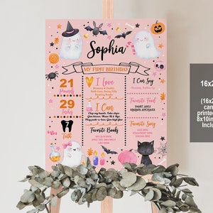 Halloween Pink Ghost Milestone Sign Cute First Birthday Stats Poster Little Boo Ghost 1st Decoration Girl Editable Printable Hab1 Hab2