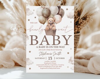 May include: A baby shower invitation with a watercolor illustration of a teddy bear in a hot air balloon. The invitation is decorated with stars and clouds. The text on the invitation reads "We can barely wait Baby A baby is on the way Join us for a baby shower honoring Stephanie Smith Saturday 13 October 1:00pm-5:00pm Stephanie's Home 22500 Cristo Rey Dr, Cupertino, CA 95014 RSVP to Stephanie at 123-456-7890 Registered at Babycloud store"