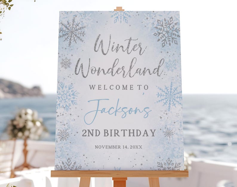 Welcome Sign Poster: Winter Wonderland Snowflakes - Blue and Silver ...