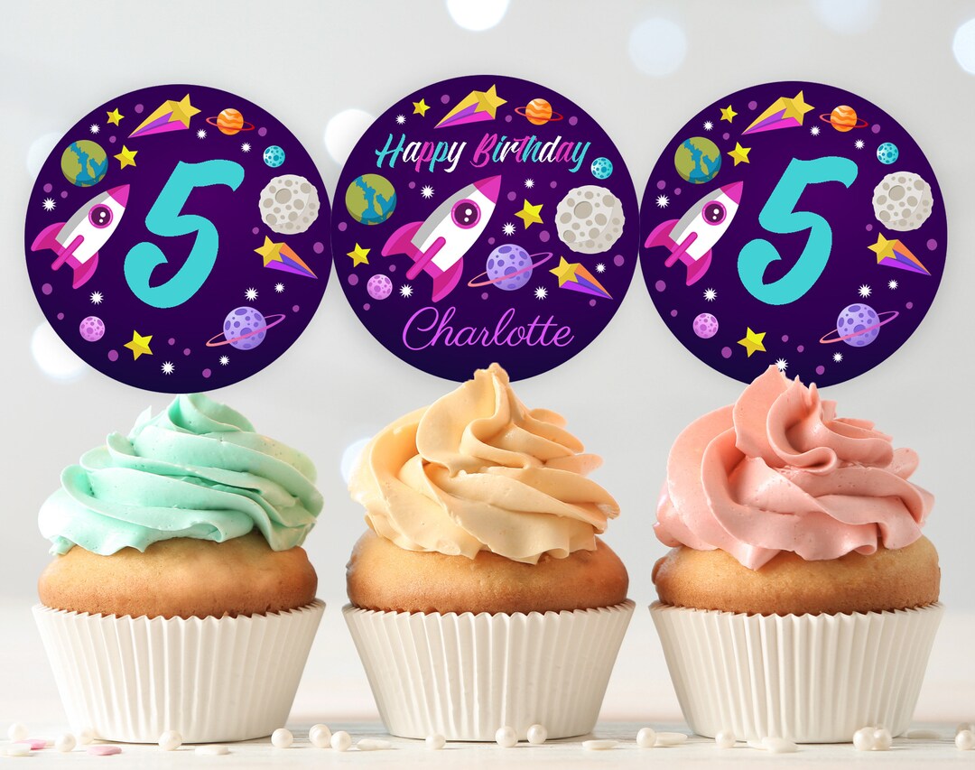 Outer Space Birthday Cupcake Toppers Girl Astronaut Party Etsy