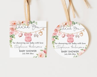 Girl Clothes Baby Shower Favor Tag Round Square Sticker Label Laundry thank you tag Girl Boho Pink floral Editable Printable Download Bab215