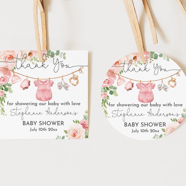 Ragazza vestiti Baby Shower favore Tag etichetta adesiva quadrata rotonda etichetta di ringraziamento per lavanderia ragazza Boho rosa floreale modificabile stampabile Scarica Bab215
