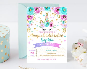 Unicorn Birthday Invitation, Rainbow Glitter (Editable Digital Template Bir11)