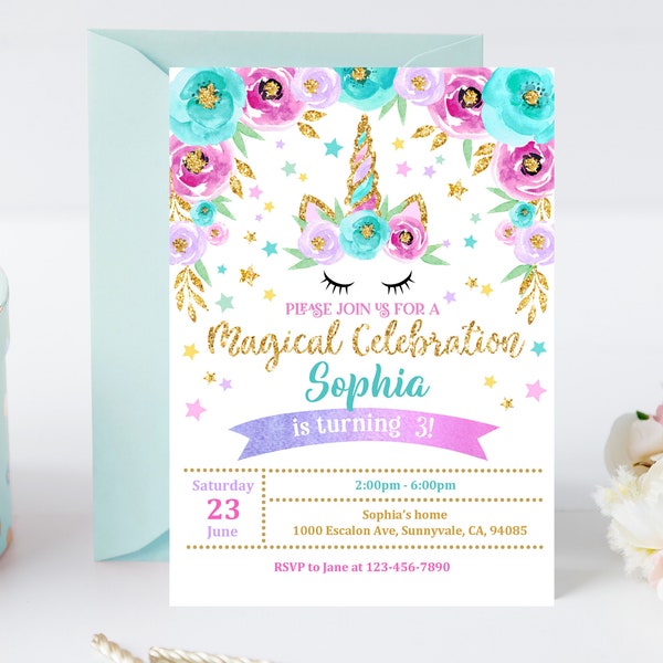 Unicorn Birthday Invitation Rainbow Party Gold Glitter Pink Girl Magical Day Invites Digital Editable Printable Template Download Bir11