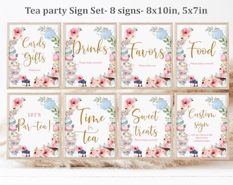 Editable Tea Birthday Party Sign Set Pink Gold Floral Let's Par-Tea Birthday Table Sign Pack Decorations Whimsical High Tea Printable Bir287