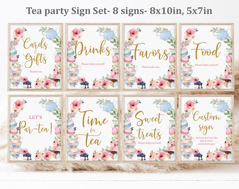 Editable Tea Party Birthday Signs - Pink Gold Floral Table Decor Bir287 ...