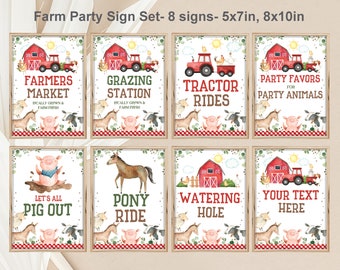 May include: Set of eight printable farm party signs featuring red barns, tractors, and farm animals. The signs include text such as "Farmers Market", "Grazing Station", "Tractor Rides", "Party Favors for Party Animals", "Let's All Pig Out", "Pony Ride", "Watering Hole", and "Your Text Here".