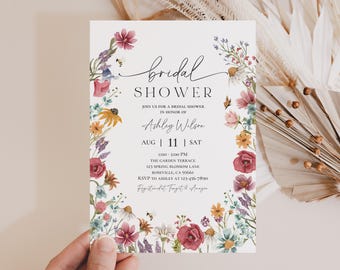 Invitation pour une fête prénuptiale bohème avec fleurs sauvages, motif floral de jardin (5 x 7 pouces, modifiable, Bri48)