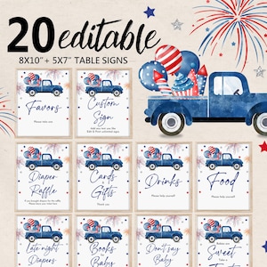 Puede incluir: Un conjunto de 20 letreros de mesa editables con temática patriótica. Cada letrero presenta una camioneta azul con globos y fuegos artificiales. Los letreros incluyen textos como "Favors", "Custom Sign" y "Food". Los letreros miden 20,3 x 25,4 cm y 12,7 x 17,8 cm.