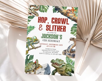 May include: A birthday party invitation with the text "Hop, Crawl & Slither" in red and green. The invitation features watercolor illustrations of a snake, chameleon, turtle, alligator, and frog. The invitation is for Jackson's 6th birthday.
