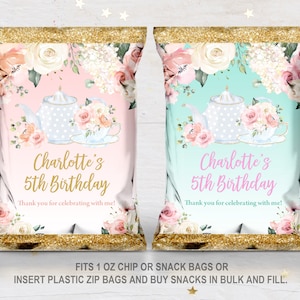May include: Two pink and teal chip bags with a floral design and a teapot and teacup. The bags say "Charlotte's 5th Birthday" and "Thank you for celebrating with me!"  Fits 1 oz chip or snack bags or insert plastic zip bags and buy snacks in bulk and fill.