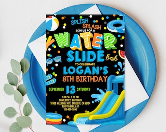 May include: A colorful invitation for a water slide birthday party. The invitation features the words "SPLISH SPLASH" and "WATER SLIDE Bash" with a water slide graphic. The invitation is for Logan's 8th birthday on September 13th.