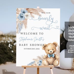 Editierbares Blaues Pampasgras Willkommensschild Blauer Junge Boho Bär Boho Baby Shower Willkommen Poster Printable Decor Bab277