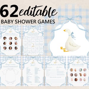 Puede incluir: Seis juegos para baby shower con un diseño de cuadros vichy azul claro y una ilustración de ganso en acuarela. Los juegos incluyen "Labor or Love", "Find the Guest Bingo", "Design a onesie", "What's in your purse?", "Baby Predictions & Advice" y "Baby or bear belly?" El texto dice "62 editable BABY SHOWER GAMES."