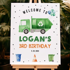 Letrero de bienvenida de cumpleaños para camión de basura Cartel de bienvenida para camión de basura Editable Volcar todo Camión de basura Imprimible Fiesta de reciclaje para niños Bir434