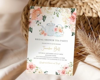 Floral Tee Party Einladung - Brautparty, rosa Glitter Bri18