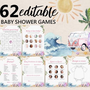 Surf Themed Baby Shower Games Package Baby on Board Editable Games Printable Baby Shower Activity Set Beach Baby Shower Game Bundle Bab355