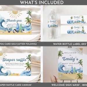 May include: A set of printable baby shower party decorations with a beach theme. The set includes a welcome sign, water bottle labels, a diaper raffle card, and a thank you card. The design features a blue and white watercolor wave, a vintage van, palm trees, and a sun.