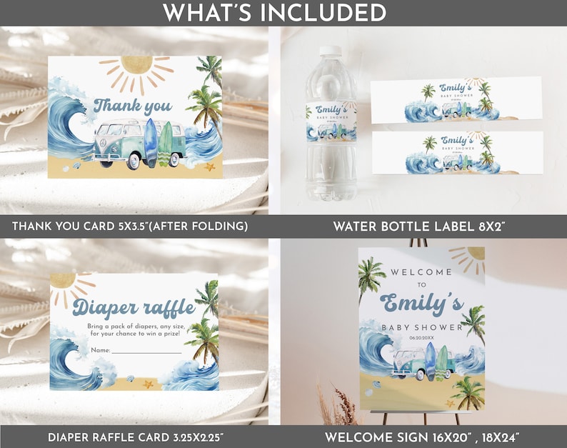 May include: A set of printable baby shower party decorations with a beach theme. The set includes a welcome sign, water bottle labels, a diaper raffle card, and a thank you card. The design features a blue and white watercolor wave, a vintage van, palm trees, and a sun.