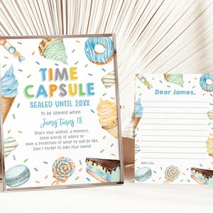 Cartello Boy Sweet One Time Capsule, caramelle e cupcake color pastello (modificabile Bir368)