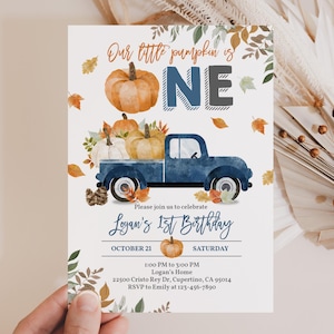 Fall Birthday Invitation Blue Pumpkin Truck Invite Pumpkin Patch Boy 1st Birthday Editable Blue Truck Invite First Printable Download Bir313