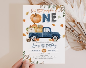 Birthday Invitation: Blue Pumpkin Truck - Editable Fall Boy 1st Birthday Bir313