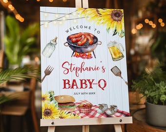 BabyQ Welcome Sign, Red Sunflower BBQ Shower (Printable, Editable Bab285)