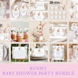May include: A collection of baby shower party supplies featuring a bunny theme. The bundle includes invitations, thank you cards, games, cupcake toppers, banners, and table settings. The color palette is soft, with floral accents and a watercolor bunny illustration.