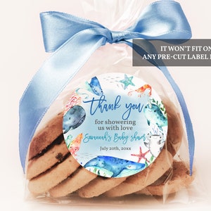 Etiqueta de regalo para baby shower con diseño de animales marinos, pegatinas decorativas con diseño de animales marinos, etiquetas de agradecimiento, redondas, editables e imprimibles, descarga Bab156