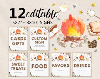 May include: Set of 12 editable signs, 5x7" and 8x10", with a camping theme. Each sign features a watercolor illustration of a campfire, marshmallows, and s'mores. Text includes "Cards Gifts", "Custom Sign", "Sweet Treats", "Food", "Favors", and "Drinks".