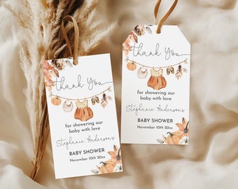 Baby Shower Favor Tag: Fall Pumpkin, Boho Girl Clothes - Editable PDF Bab291