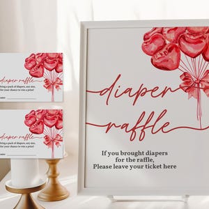 Modèle de carte de signe de tombola de couches de chérie Saint-Valentin baby shower jeu de tombola de couches modifiables imprimable coeurs rouges ballons VababI7