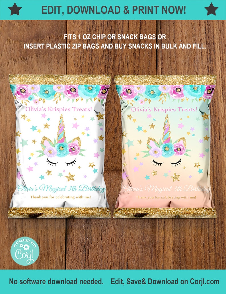 Unicorn 2 Chip Bags Rainbow Gold Glitter Printable INSTANT DOWNLOAD EDITABLEBirthday Favor BagsUnicorn Rainbow Themed FSU1