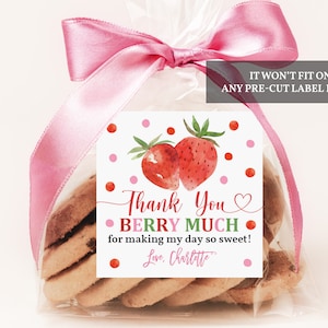 Erdbeer-Geburtstag Danke Etiketten Favor Tag Berry Sweet Erdbeer-Party Bauern Markt Quadrat Aufkleber Bearbeitbare Druckbare Download Bir278