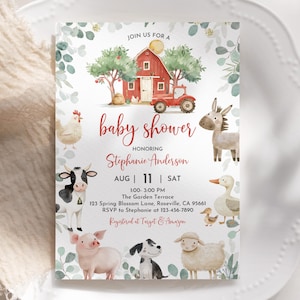Farm Baby Shower Invitation Barn Animals Baby Shower Invite Editable Ranch Boy Baby Shower Printable Red Barnyard Animals Neutral Bab359
