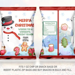 Peut inclure: Sachet de chips de Noël rouge et blanc avec un bonhomme de neige, des biscuits en pain d'épices et le texte "Joyeux Noël Je vous souhaite une merveilleuse saison des fêtes De la part d'Emma".