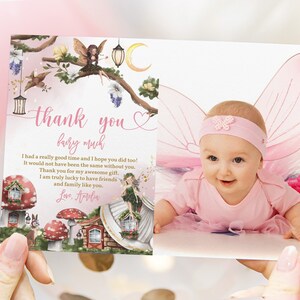 Foto modificabile per la festa di compleanno delle fate, biglietto di ringraziamento, magico, floreale, principessa, boho, festa del primo compleanno, biglietto di ringraziamento stampabile Bir275
