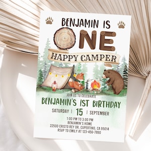 One Happy Camper Invitation Camping Birthday Invite Camper Party First birthday 1st Camping Bear S&#39;more Editable Printable Download Bir335