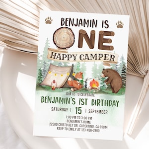 One Happy Camper Invitation Camping Birthday Invite Camper Party First birthday 1st Camping Bear S'more Editable Printable Download Bir335