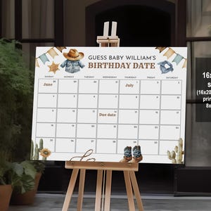 Calendario della data di scadenza del baby shower per piccoli cowboy. Gioco del baby shower per indovinare la data di scadenza del bambino. Baby Sprinkle Wild Western. Modificabile e stampabile. Bab241