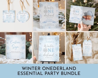 Pacchetto di compleanno Winter Onederland: decorazioni per feste con fiocchi di neve modificabili Bir594