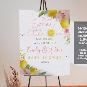 Letrero de bienvenida de limón editable Cartel de bienvenida para baby shower de limón rosa Decoraciones florales de limón y cítricos para niña Letrero de limonada imprimible Bab189