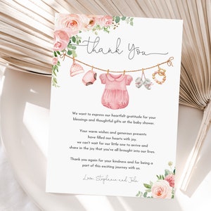 Girl Baby Clothes Baby shower Thank you card A sweet baby Girl Laundry Pink Floral Boho Baby Thank you note Editable Printable Bab215