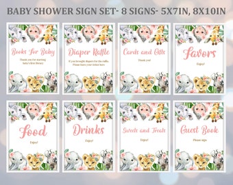 May include: Set of eight printable baby shower signs featuring a jungle animal theme. The signs are decorated with watercolor illustrations of elephants, giraffes, and lions. The signs include text such as "Books for Baby", "Diaper Raffle", "Cards and Gifts", "Favors", "Food", "Drinks", "Sweets and Treats", and "Guest Book".