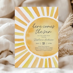 Convite para chá de bebê Here Comes the Sun editável Boho Sunshine Baby Sprinkle Convite Boho Sun Gênero neutro para impressão Modelo Bab343