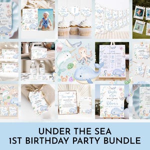 May include: Under the Sea 1st Birthday Party Bundle. This printable party pack includes a variety of items, such as invitations, table signs, banners, and thank you cards. The design features a cute whale, octopus, and other sea creatures in watercolor style. The color scheme is blue, white, and gray.